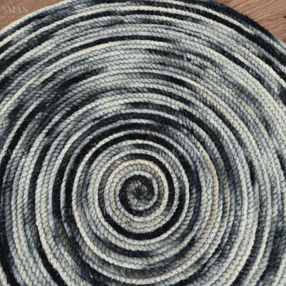 Monochrome Round Jute Hand-Woven Natural Rug – Black Ivory Striped Boho Farmhouse Circle Area Carpet for Living Room Bedroom Entryway