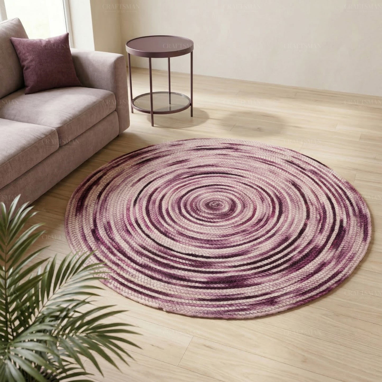 Berryblush Round Jute Hand-Woven Natural Rug – Pink Plum Striped Boho Farmhouse Circle Area Carpet for Living Room Bedroom Entryway