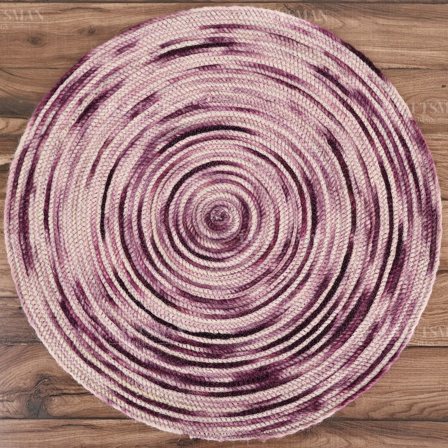 Berryblush Round Jute Hand-Woven Natural Rug – Pink Plum Striped Boho Farmhouse Circle Area Carpet for Living Room Bedroom Entryway