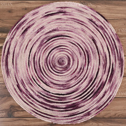 Berryblush Round Jute Hand-Woven Natural Rug – Pink Plum Striped Boho Farmhouse Circle Area Carpet for Living Room Bedroom Entryway