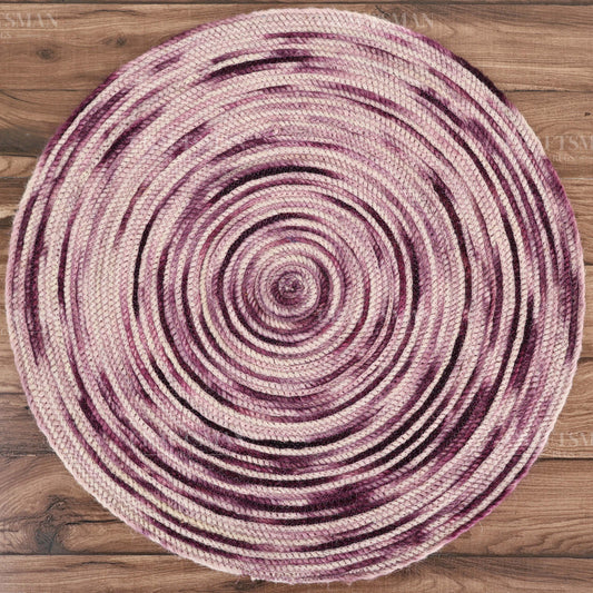 Berryblush Round Jute Hand-Woven Natural Rug – Pink Plum Striped Boho Farmhouse Circle Area Carpet for Living Room Bedroom Entryway