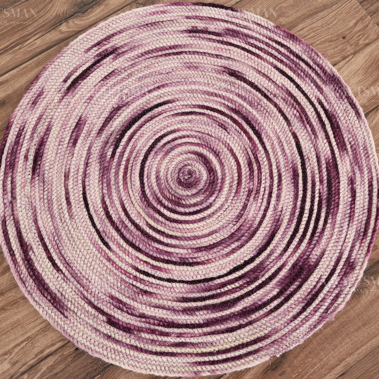 Berryblush Round Jute Hand-Woven Natural Rug – Pink Plum Striped Boho Farmhouse Circle Area Carpet for Living Room Bedroom Entryway