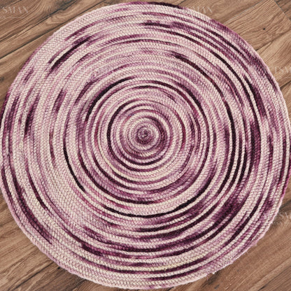 Berryblush Round Jute Hand-Woven Natural Rug – Pink Plum Striped Boho Farmhouse Circle Area Carpet for Living Room Bedroom Entryway