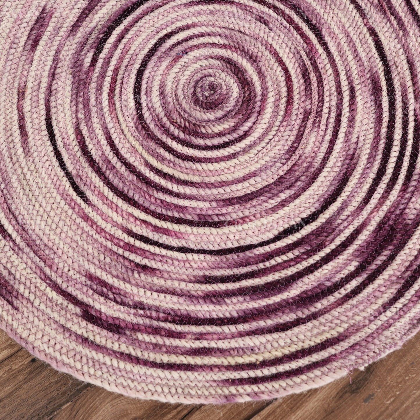 Berryblush Round Jute Hand-Woven Natural Rug – Pink Plum Striped Boho Farmhouse Circle Area Carpet for Living Room Bedroom Entryway