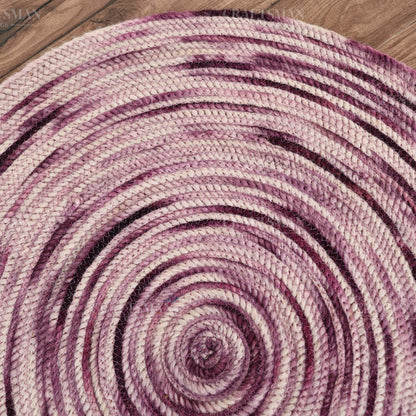 Berryblush Round Jute Hand-Woven Natural Rug – Pink Plum Striped Boho Farmhouse Circle Area Carpet for Living Room Bedroom Entryway