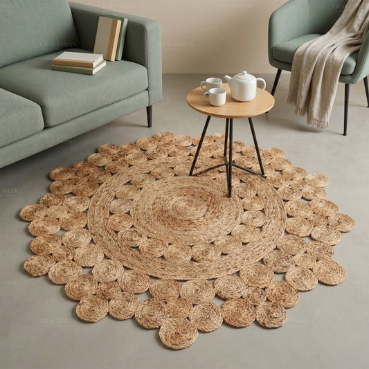 Bloomcrest Round Jute Hand-Woven Natural Rug – Braided Boho Farmhouse Floral Circle Area Carpet for Living Room Bedroom Entryway