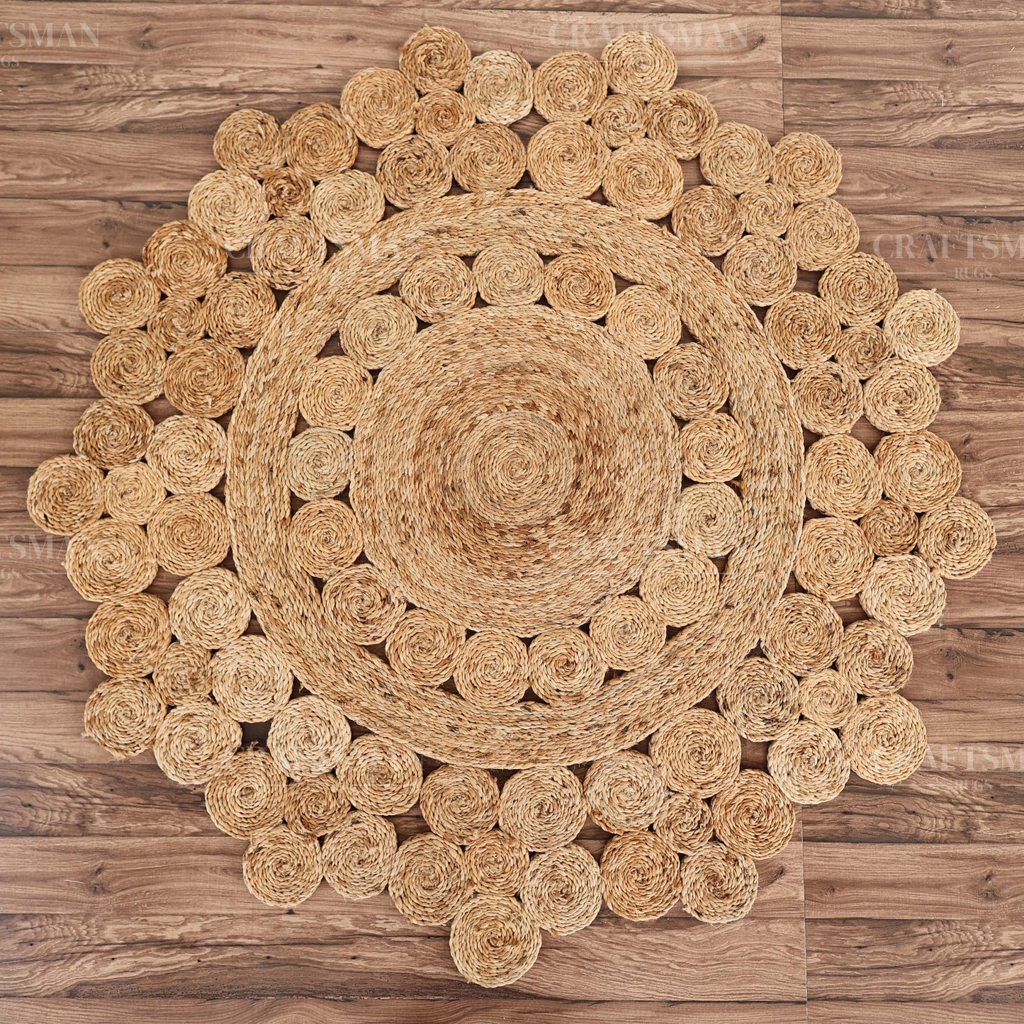 Bloomcrest Round Jute Hand-Woven Natural Rug – Braided Boho Farmhouse Floral Circle Area Carpet for Living Room Bedroom Entryway
