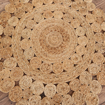 Bloomcrest Round Jute Hand-Woven Natural Rug – Braided Boho Farmhouse Floral Circle Area Carpet for Living Room Bedroom Entryway