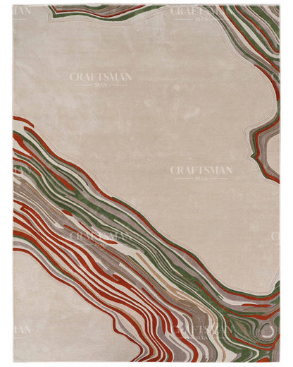 Hand Tufted Modern Abstract Wool Area Rug – Contemporary Handmade Living Room Carpet in Ivory, Green & Rust