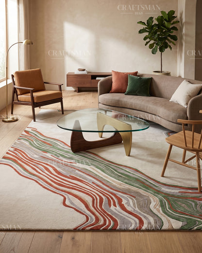 Hand Tufted Modern Abstract Wool Area Rug – Contemporary Handmade Living Room Carpet in Ivory, Green & Rust
