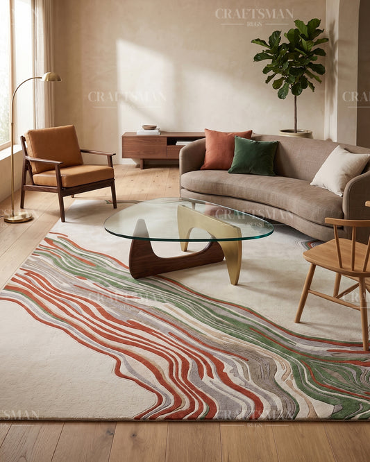 Hand Tufted Modern Abstract Wool Area Rug – Contemporary Handmade Living Room Carpet in Ivory, Green & Rust