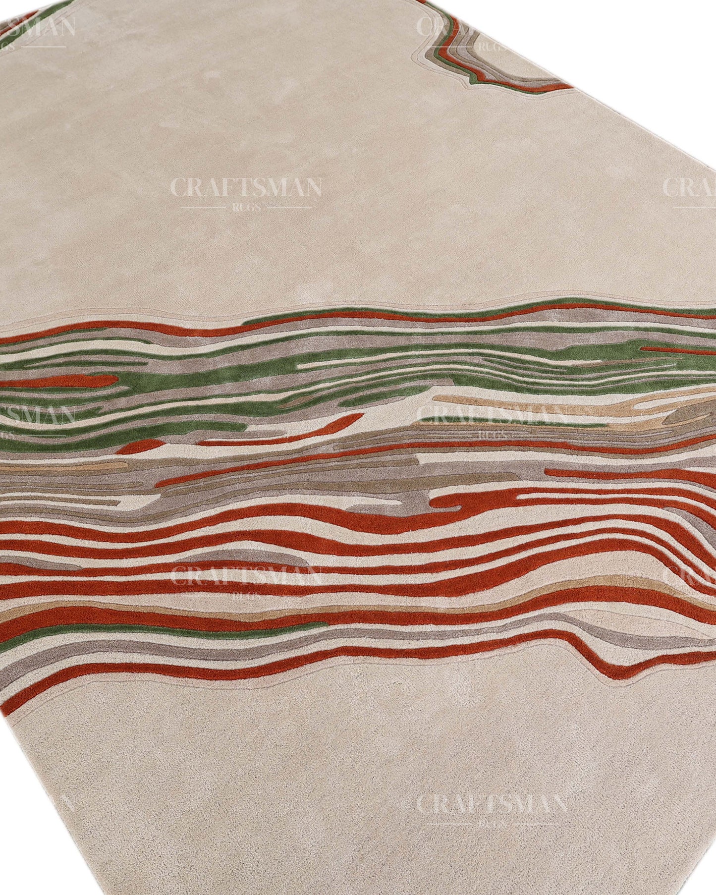 Hand Tufted Modern Abstract Wool Area Rug – Contemporary Handmade Living Room Carpet in Ivory, Green & Rust