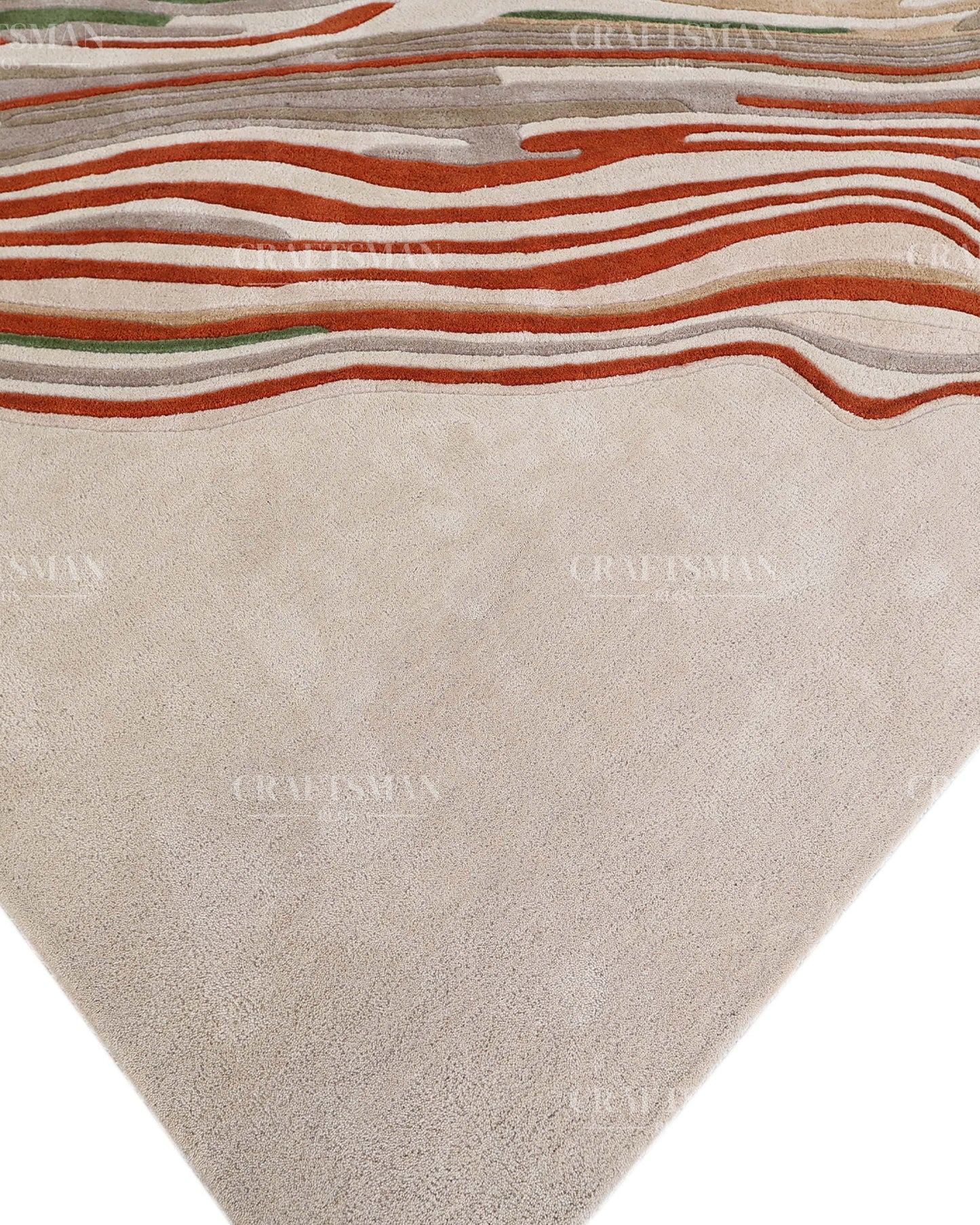 Hand Tufted Modern Abstract Wool Area Rug – Contemporary Handmade Living Room Carpet in Ivory, Green & Rust