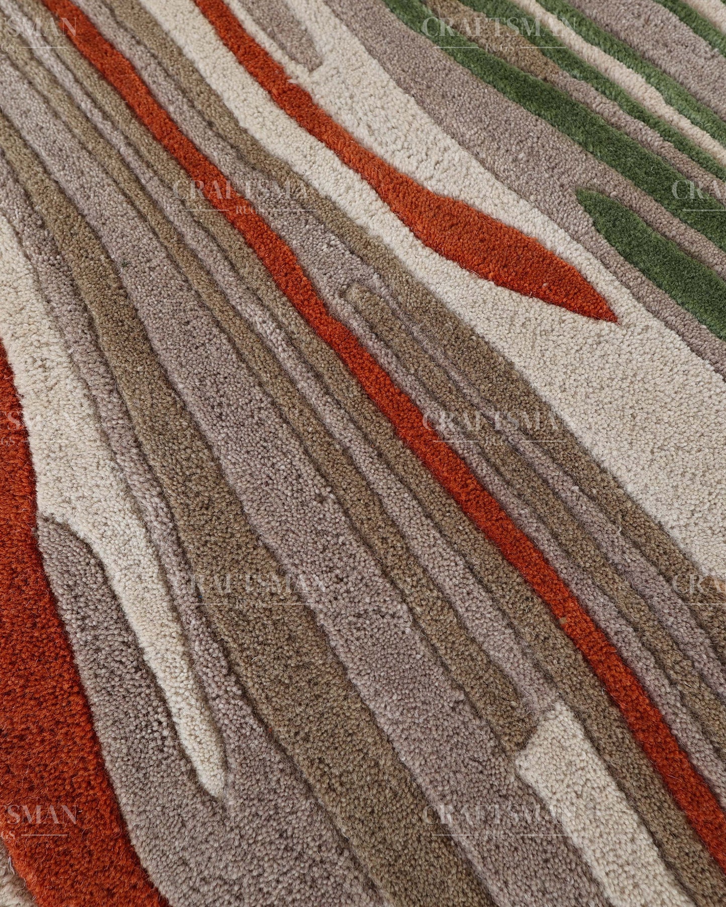 Hand Tufted Modern Abstract Wool Area Rug – Contemporary Handmade Living Room Carpet in Ivory, Green & Rust