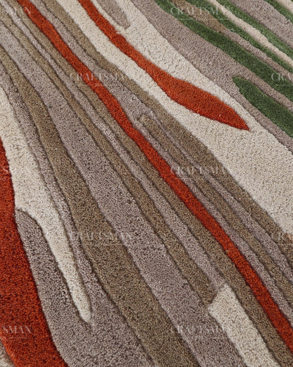 Hand Tufted Modern Abstract Wool Area Rug – Contemporary Handmade Living Room Carpet in Ivory, Green & Rust