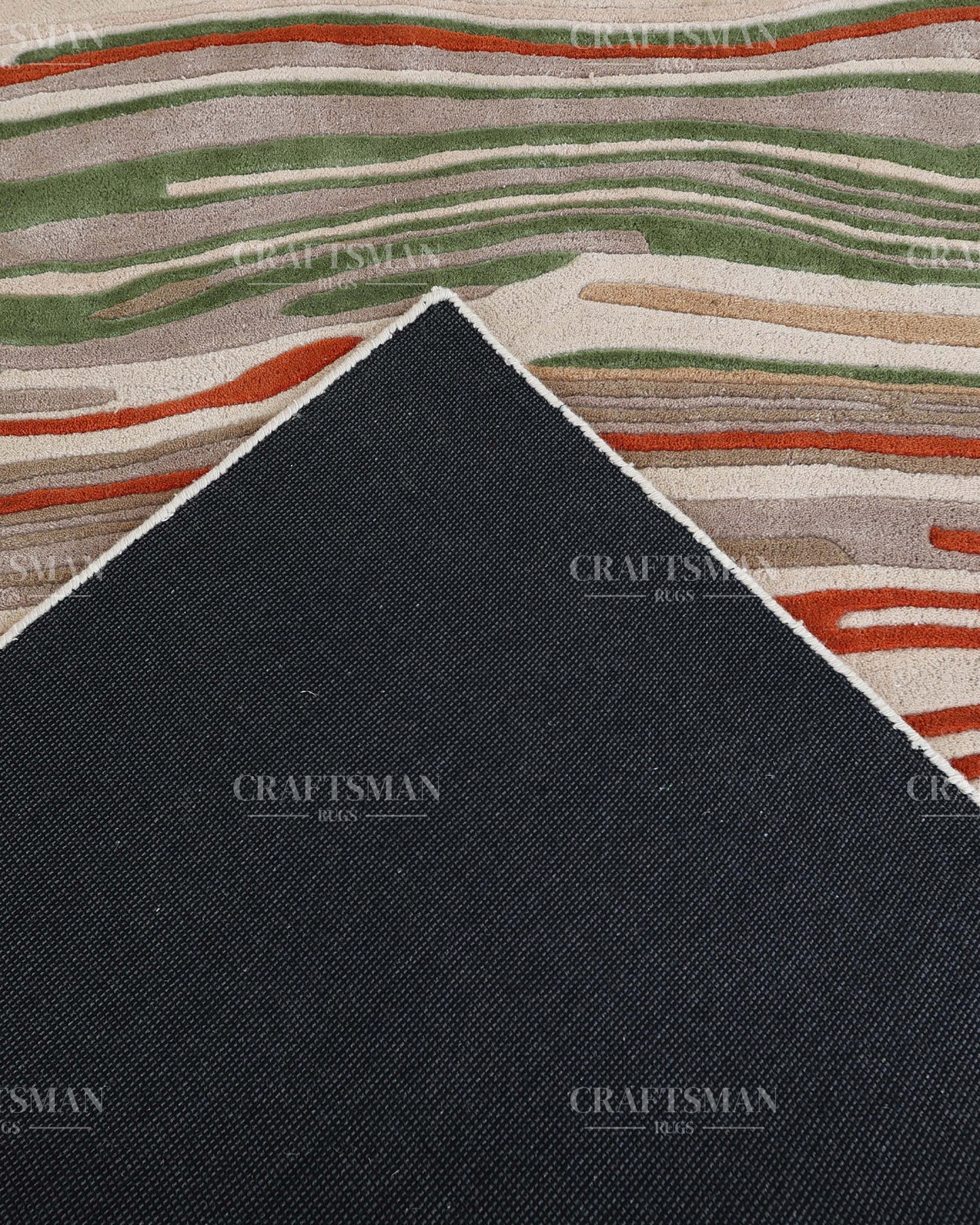 Hand Tufted Modern Abstract Wool Area Rug – Contemporary Handmade Living Room Carpet in Ivory, Green & Rust