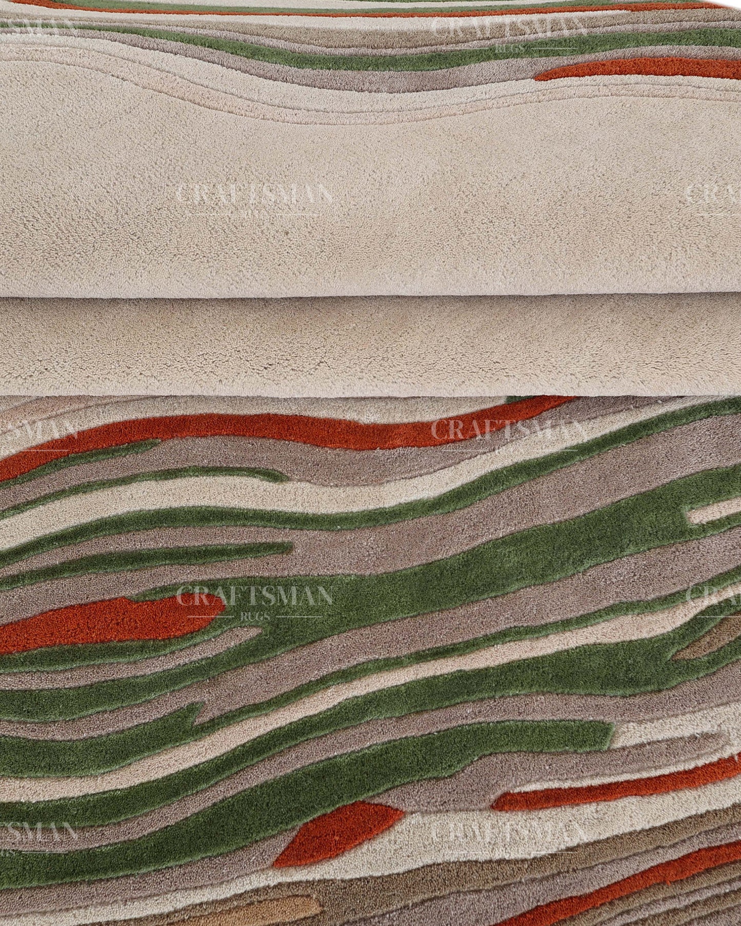 Hand Tufted Modern Abstract Wool Area Rug – Contemporary Handmade Living Room Carpet in Ivory, Green & Rust