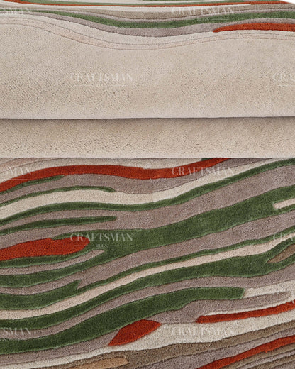 Hand Tufted Modern Abstract Wool Area Rug – Contemporary Handmade Living Room Carpet in Ivory, Green & Rust