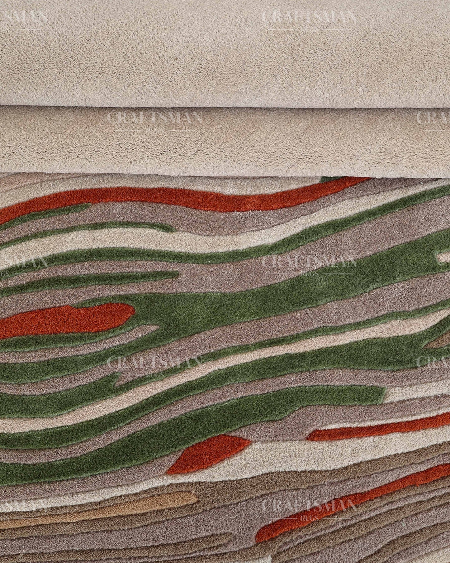 Hand Tufted Modern Abstract Wool Area Rug – Contemporary Handmade Living Room Carpet in Ivory, Green & Rust