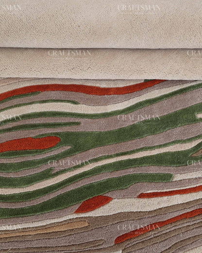 Hand Tufted Modern Abstract Wool Area Rug – Contemporary Handmade Living Room Carpet in Ivory, Green & Rust