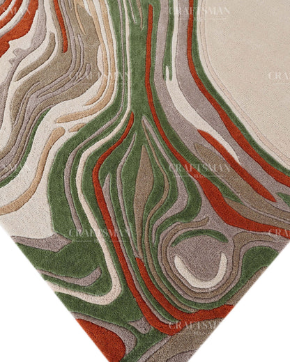 Hand Tufted Modern Abstract Wool Area Rug – Contemporary Handmade Living Room Carpet in Ivory, Green & Rust