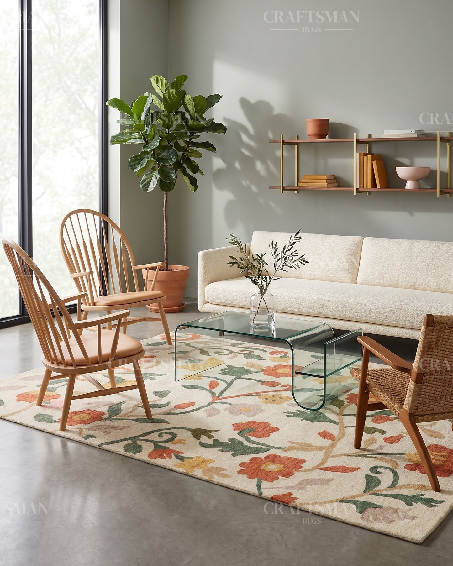 Hand Tufted Wool Floral Area Rug – Ivory Botanical Handmade Living Room & Bedroom Carpet