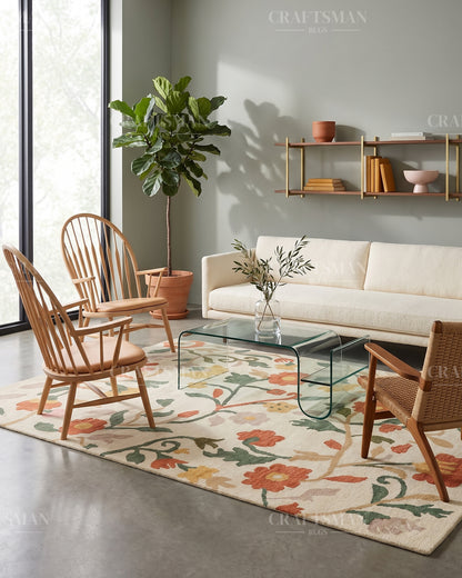 Hand Tufted Wool Floral Area Rug – Ivory Botanical Handmade Living Room & Bedroom Carpet