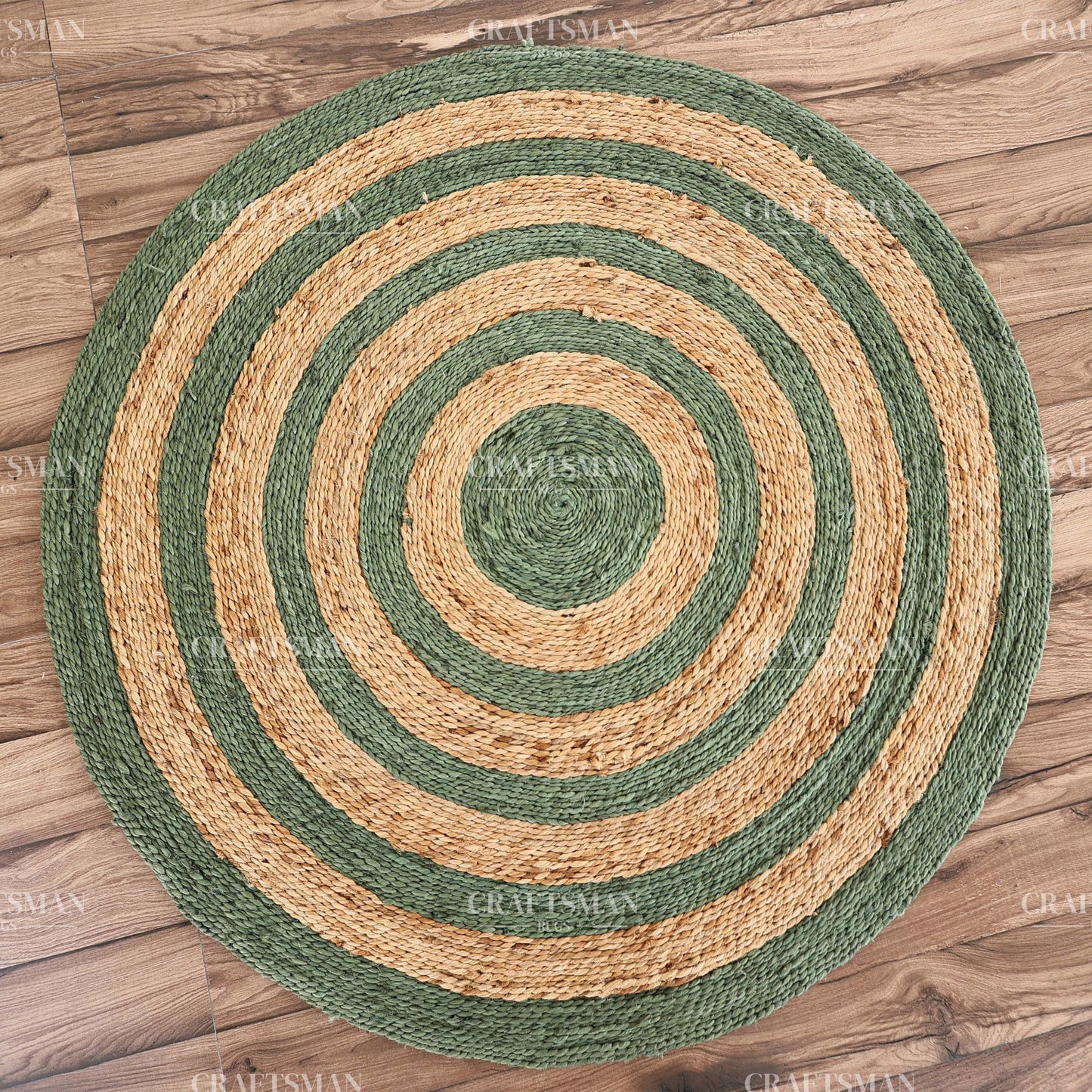 Sagecoast Round Jute Hand-Woven Natural Rug – Green Natural Striped Boho Farmhouse Circle Area Carpet for Living Room Bedroom Entryway