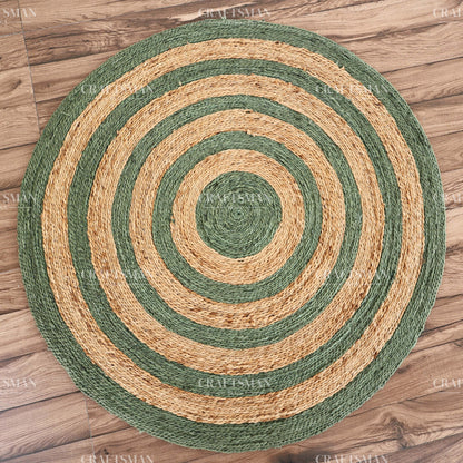 Sagecoast Round Jute Hand-Woven Natural Rug – Green Natural Striped Boho Farmhouse Circle Area Carpet for Living Room Bedroom Entryway