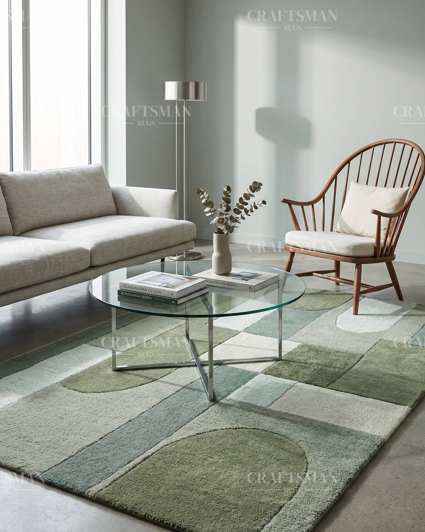 Modern Abstract Hand Tufted Wool Area Rug – Sage Green & Olive Geometric Carpet for Living Room, Bedroom & Dining Room