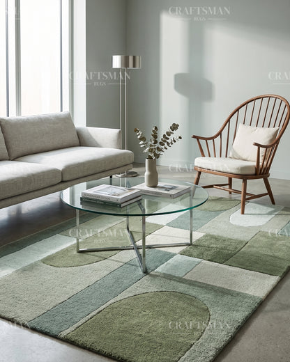 Modern Abstract Hand Tufted Wool Area Rug – Sage Green & Olive Geometric Carpet for Living Room, Bedroom & Dining Room