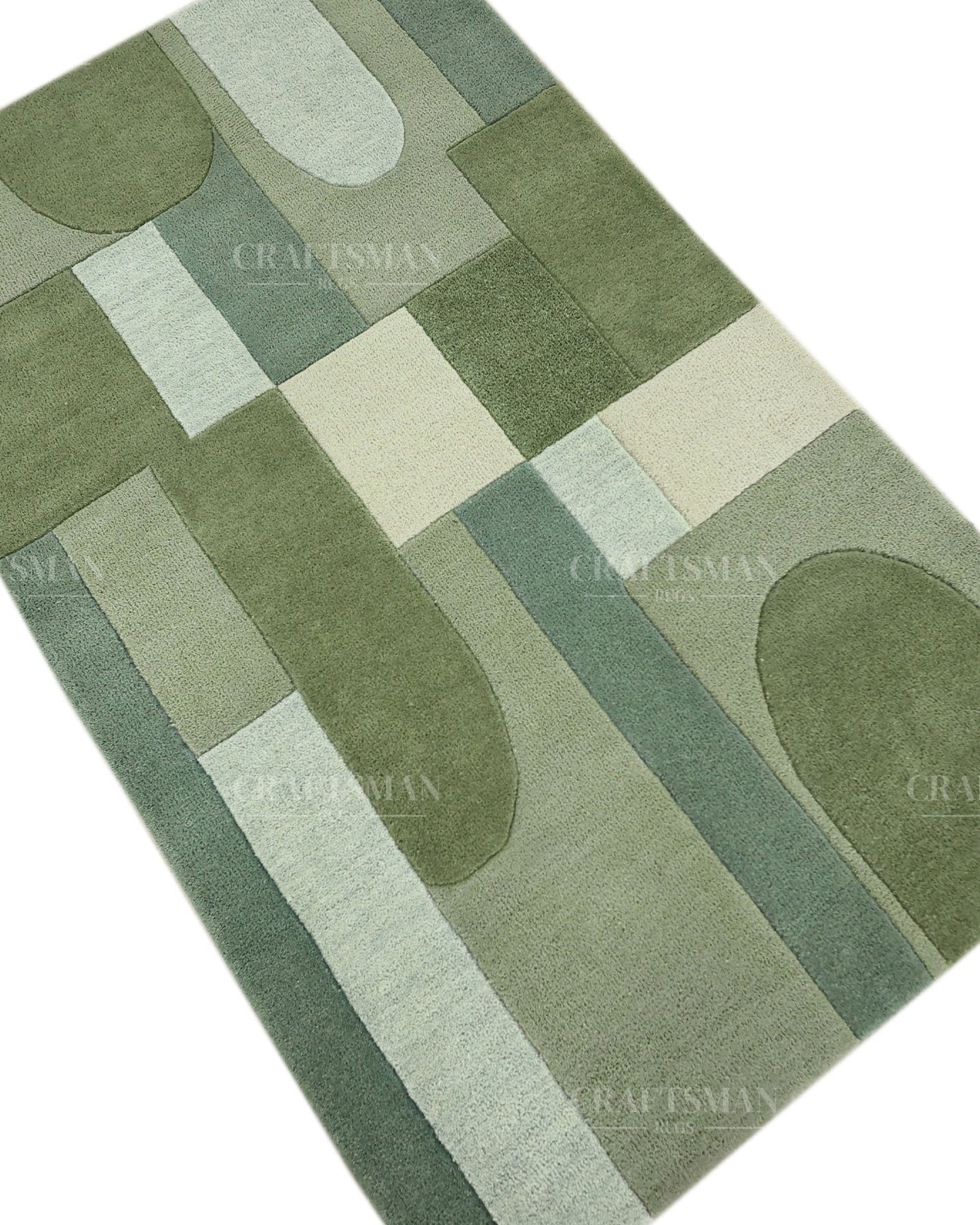 Modern Abstract Hand Tufted Wool Area Rug – Sage Green & Olive Geometric Carpet for Living Room, Bedroom & Dining Room