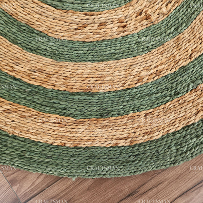 Sagecoast Round Jute Hand-Woven Natural Rug – Green Natural Striped Boho Farmhouse Circle Area Carpet for Living Room Bedroom Entryway