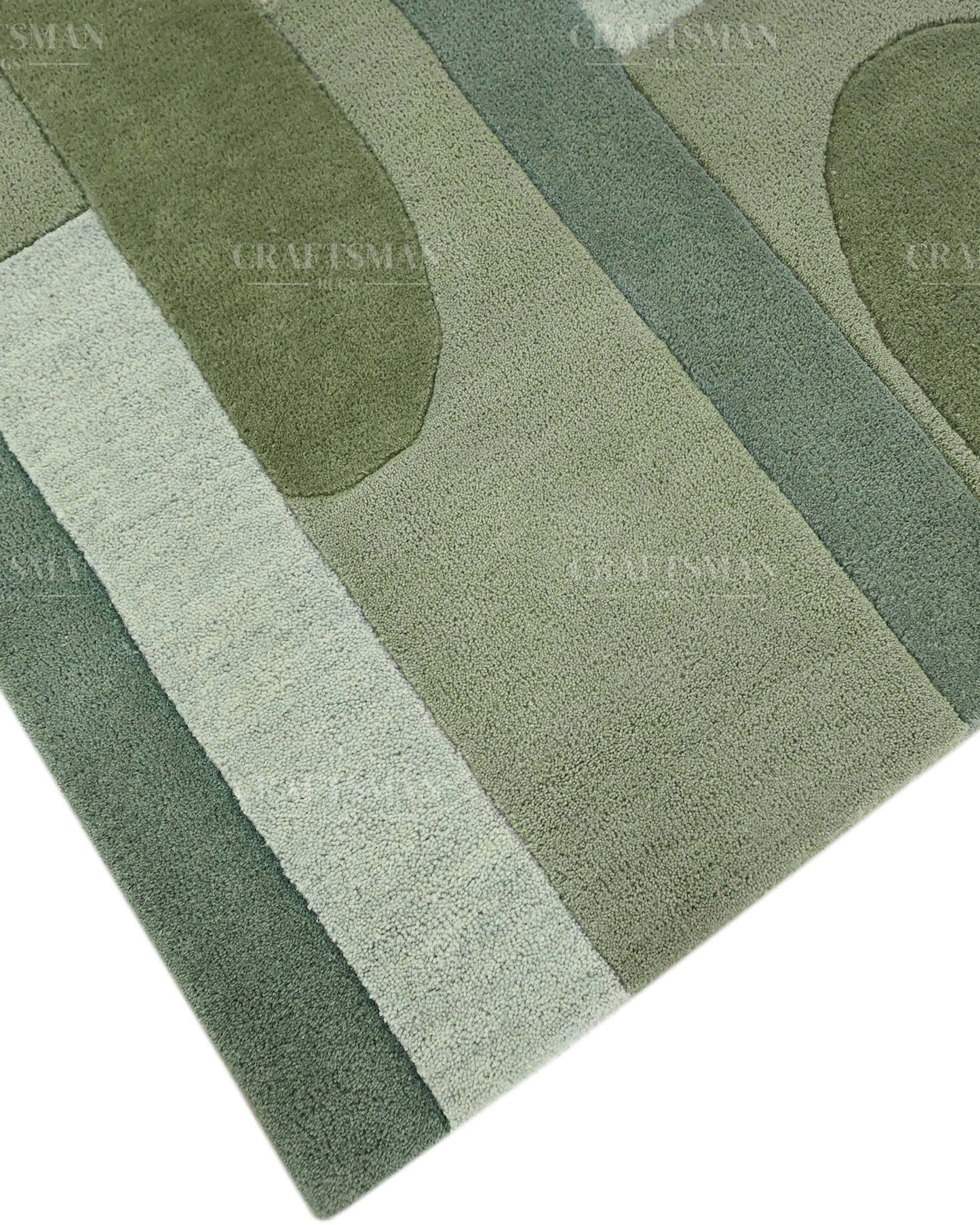 Modern Abstract Hand Tufted Wool Area Rug – Sage Green & Olive Geometric Carpet for Living Room, Bedroom & Dining Room