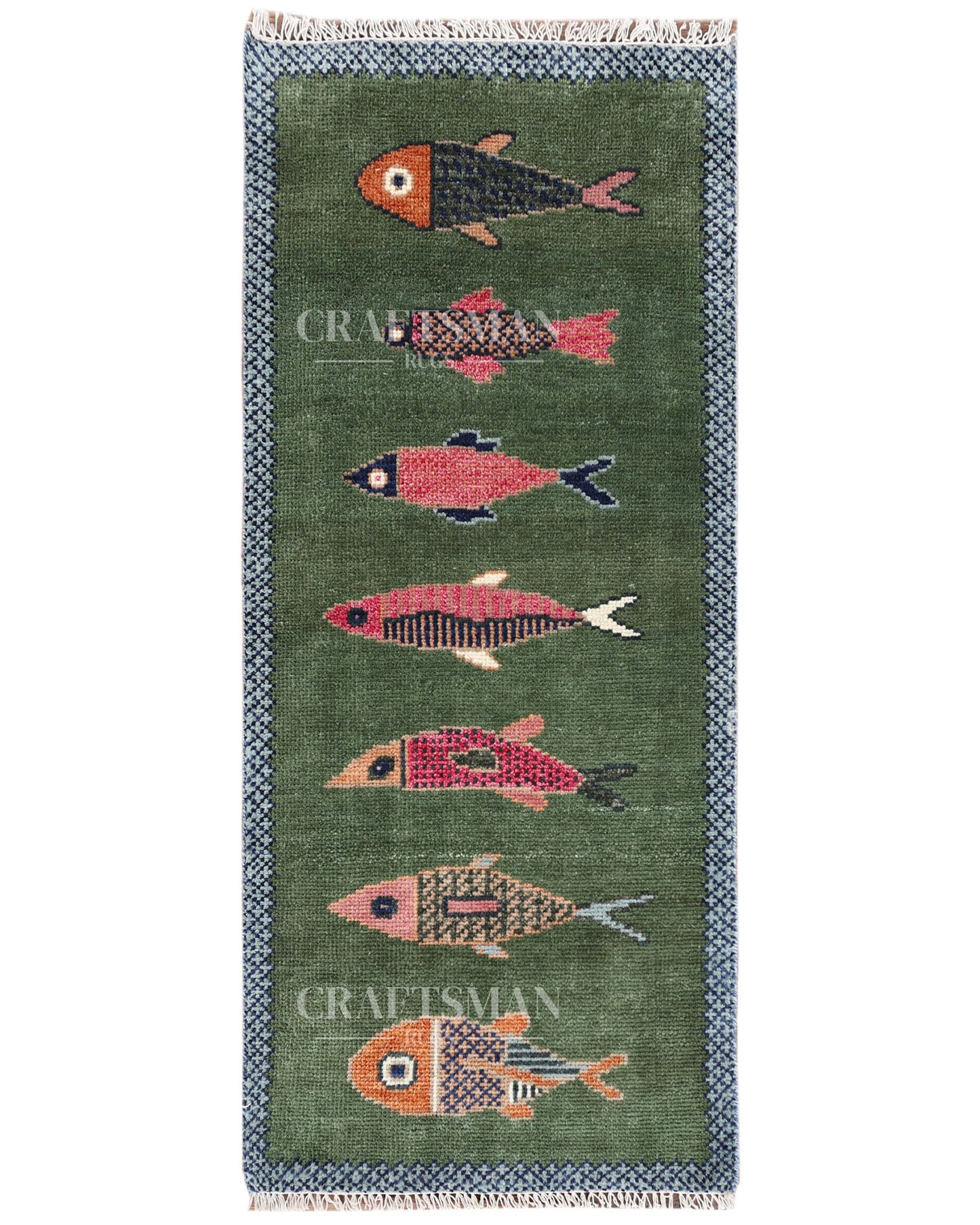 Hand Knotted Wool Fish Pattern Rug | Green Tribal Artisan Carpet with Blue Geometric Border | Luxury Handmade Area Rug