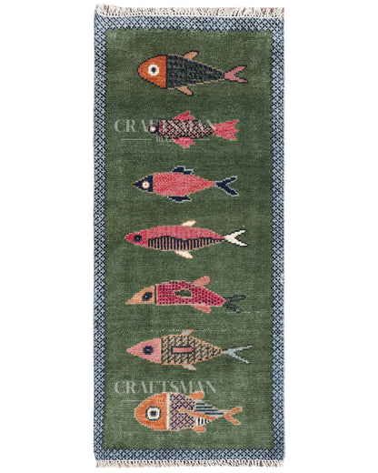 Hand Knotted Wool Fish Pattern Rug | Green Tribal Artisan Carpet with Blue Geometric Border | Luxury Handmade Area Rug