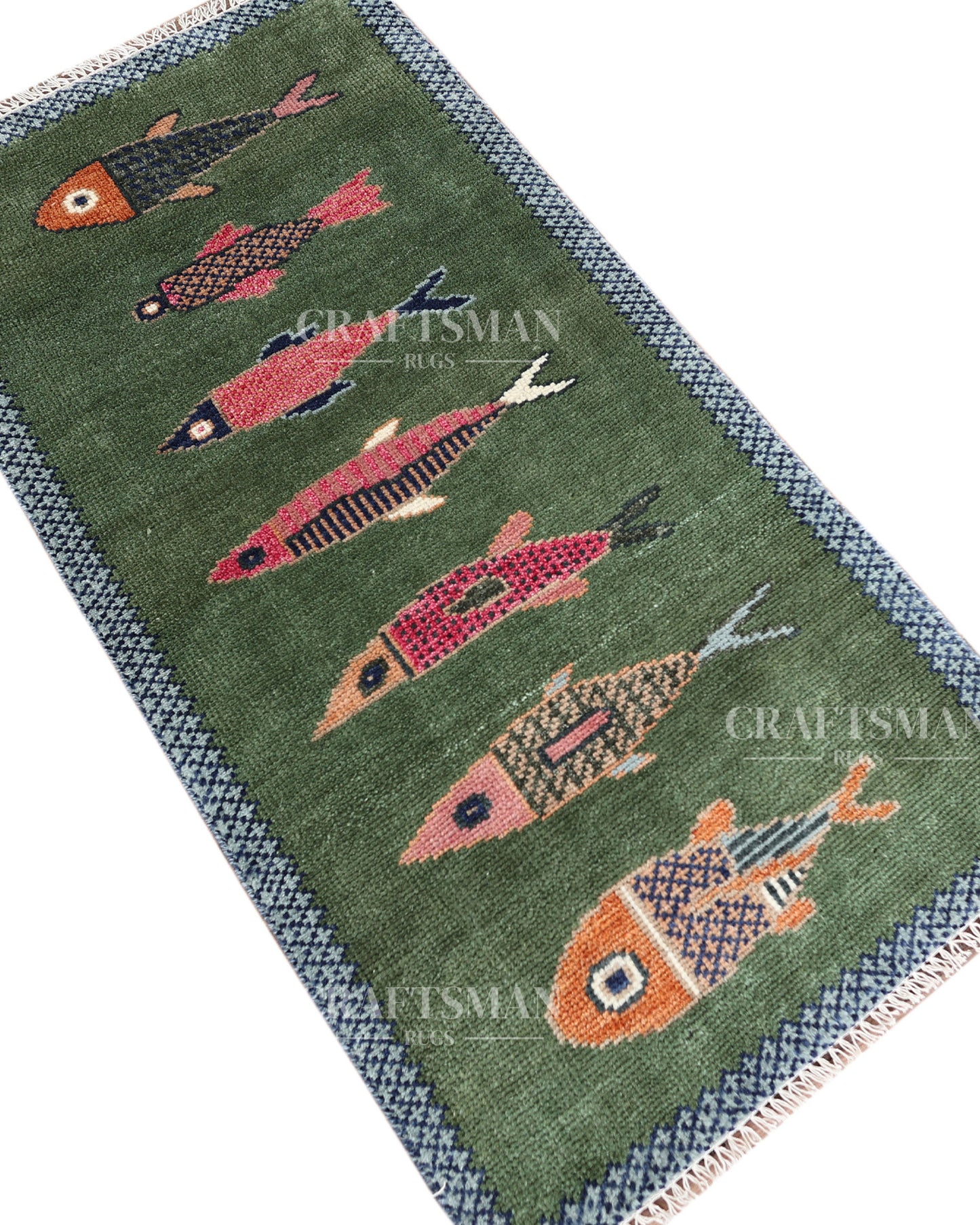 Hand Knotted Wool Fish Pattern Rug | Green Tribal Artisan Carpet with Blue Geometric Border | Luxury Handmade Area Rug