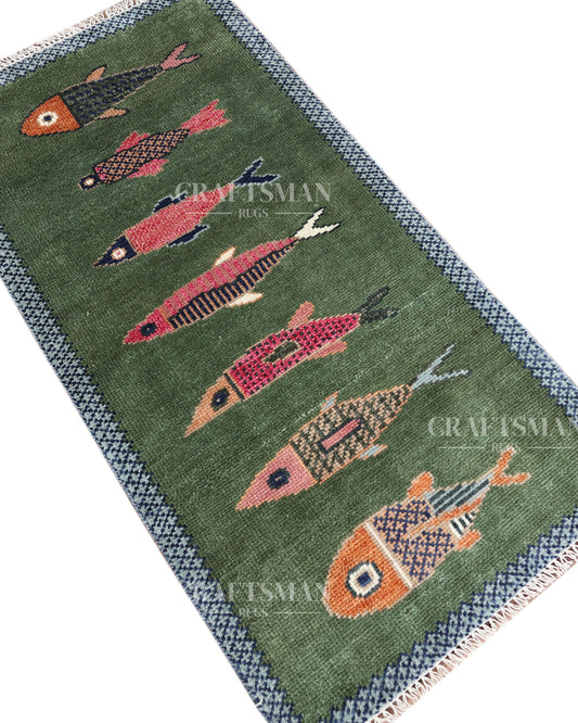 Hand Knotted Wool Fish Pattern Rug | Green Tribal Artisan Carpet with Blue Geometric Border | Luxury Handmade Area Rug