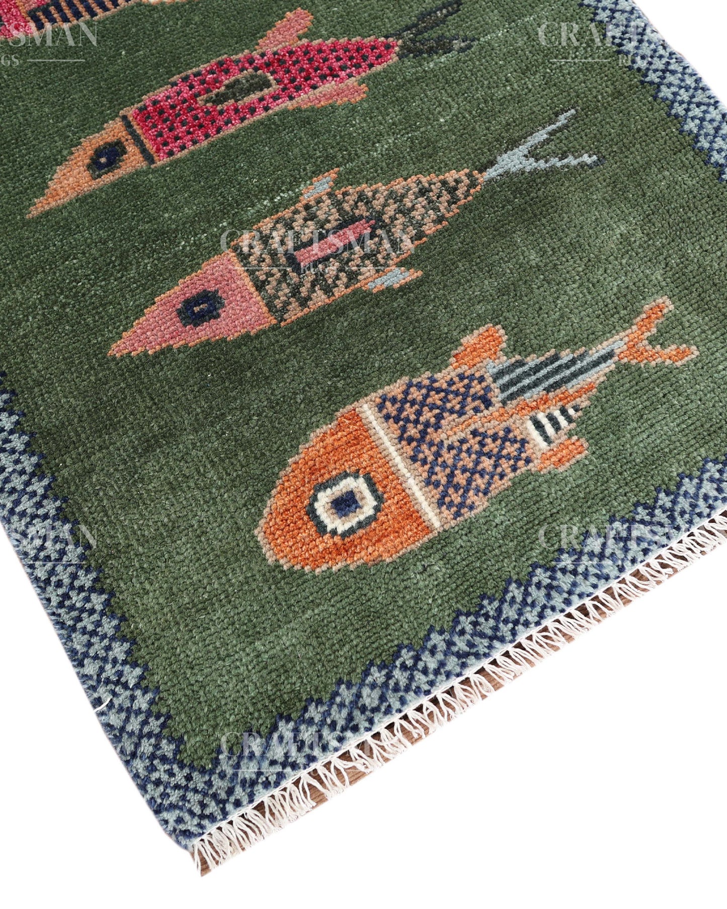Hand Knotted Wool Fish Pattern Rug | Green Tribal Artisan Carpet with Blue Geometric Border | Luxury Handmade Area Rug