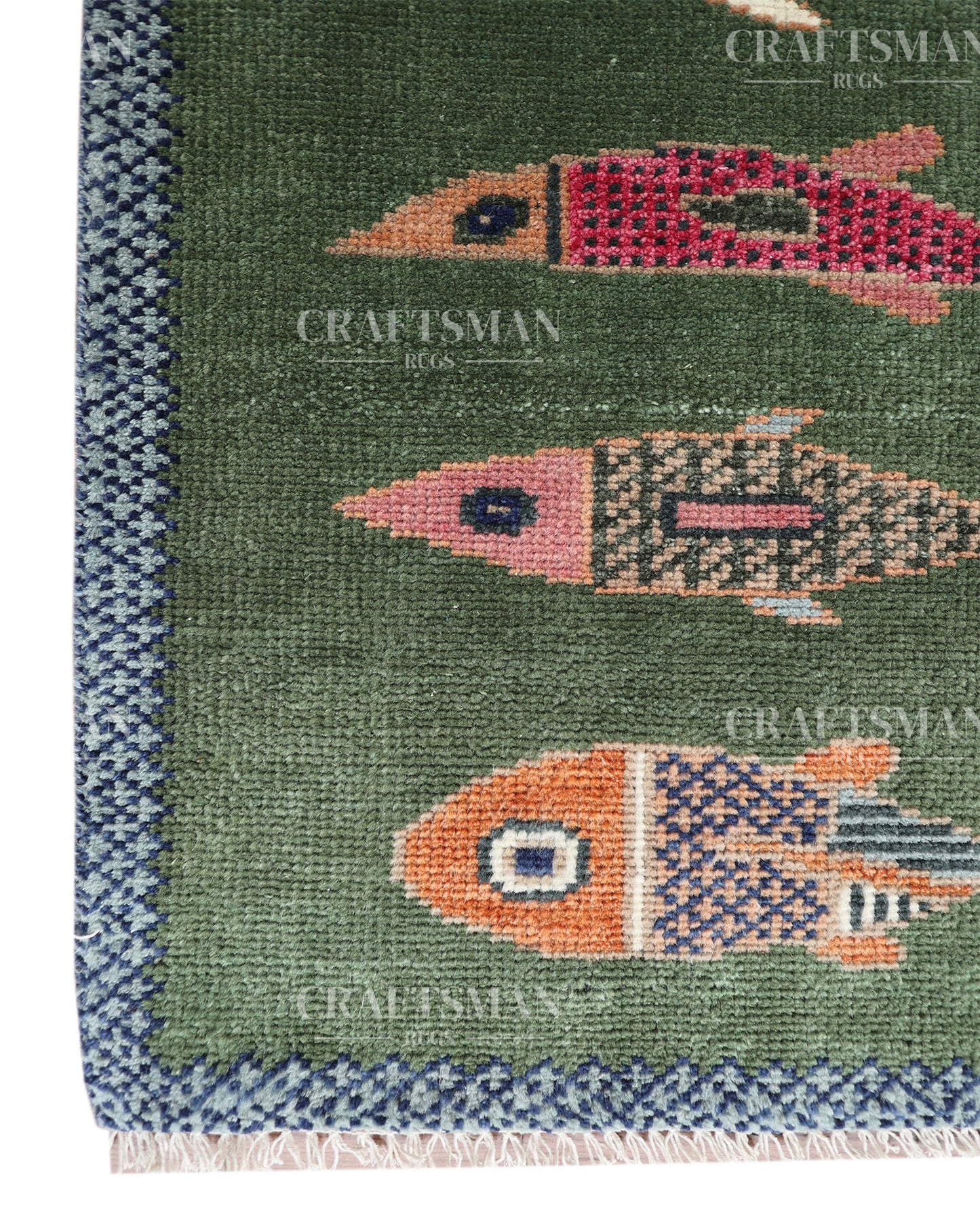 Hand Knotted Wool Fish Pattern Rug | Green Tribal Artisan Carpet with Blue Geometric Border | Luxury Handmade Area Rug