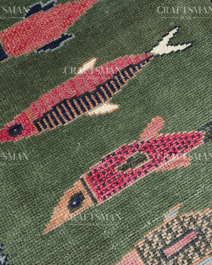 Hand Knotted Wool Fish Pattern Rug | Green Tribal Artisan Carpet with Blue Geometric Border | Luxury Handmade Area Rug