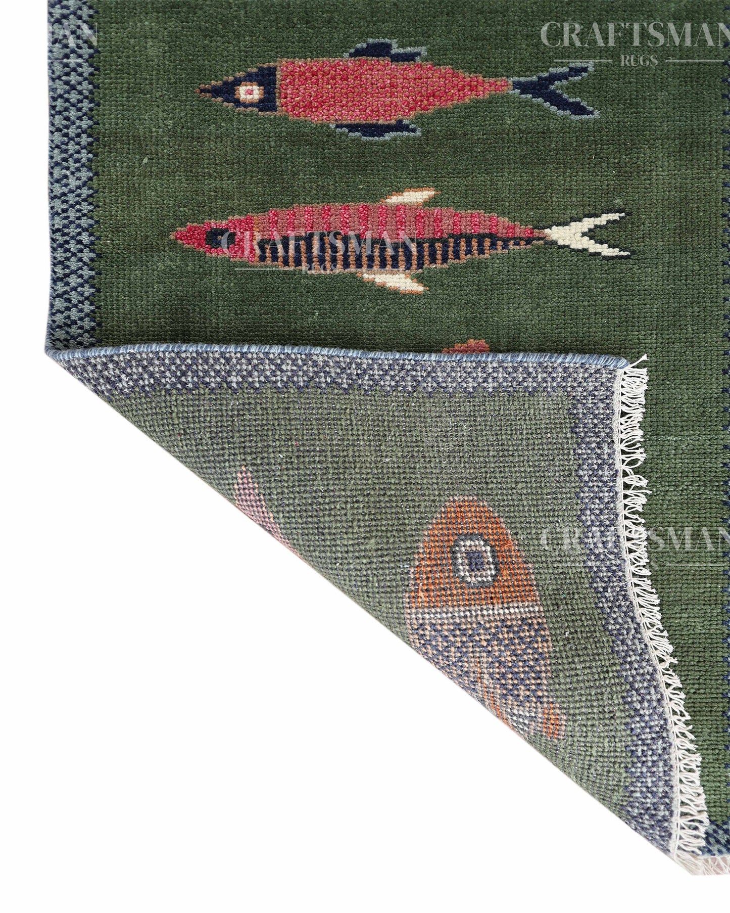 Hand Knotted Wool Fish Pattern Rug | Green Tribal Artisan Carpet with Blue Geometric Border | Luxury Handmade Area Rug