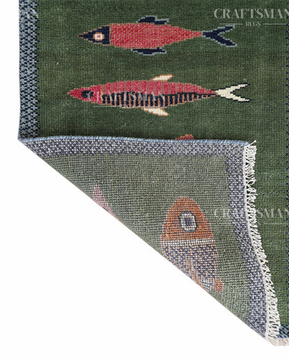 Hand Knotted Wool Fish Pattern Rug | Green Tribal Artisan Carpet with Blue Geometric Border | Luxury Handmade Area Rug