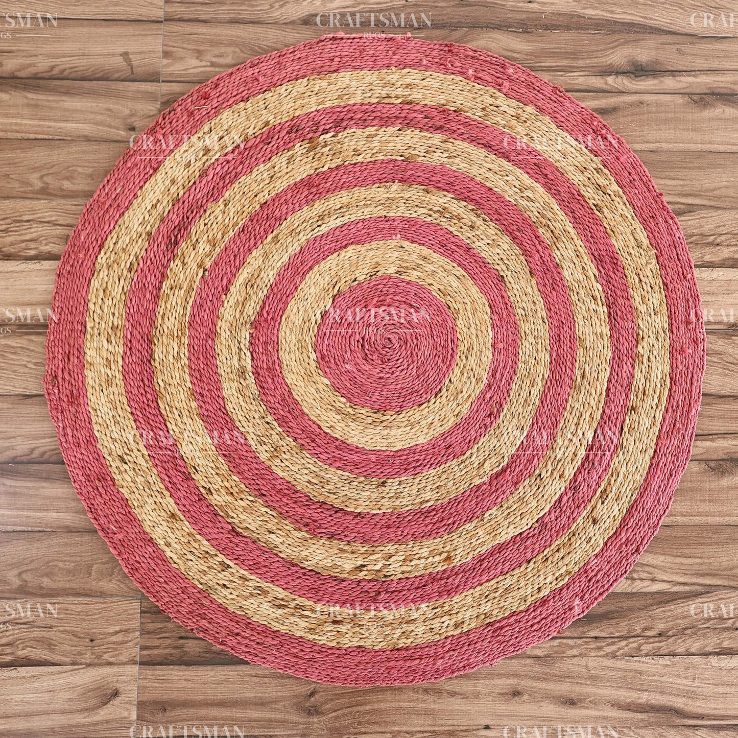 Rosabelle Round Jute Hand-Woven Natural Rug – Pink Natural Striped Boho Farmhouse Circle Area Carpet for Living Room Bedroom Nursery Entryway