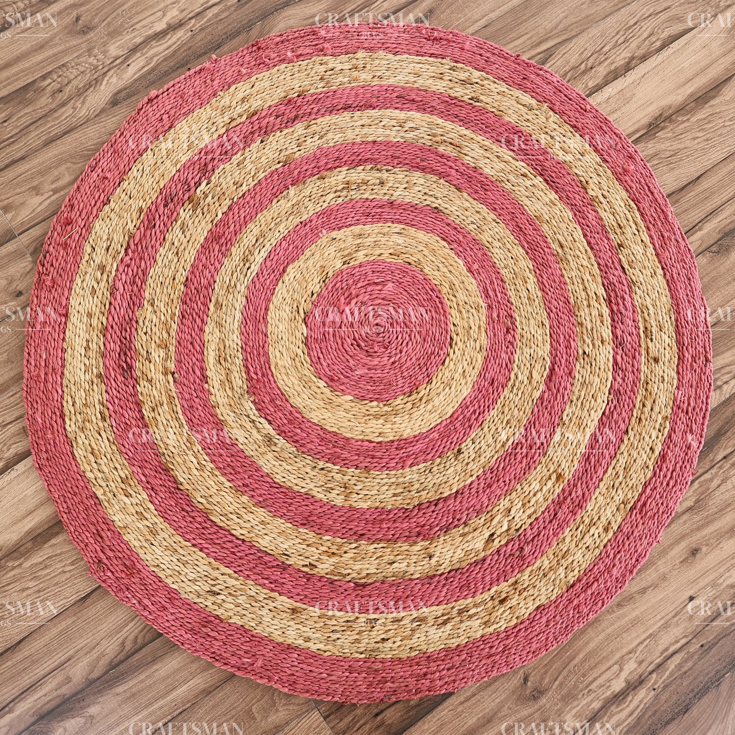 Rosabelle Round Jute Hand-Woven Natural Rug – Pink Natural Striped Boho Farmhouse Circle Area Carpet for Living Room Bedroom Nursery Entryway