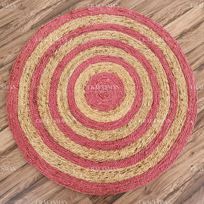 Rosabelle Round Jute Hand-Woven Natural Rug – Pink Natural Striped Boho Farmhouse Circle Area Carpet for Living Room Bedroom Nursery Entryway