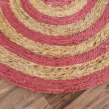 Rosabelle Round Jute Hand-Woven Natural Rug – Pink Natural Striped Boho Farmhouse Circle Area Carpet for Living Room Bedroom Nursery Entryway