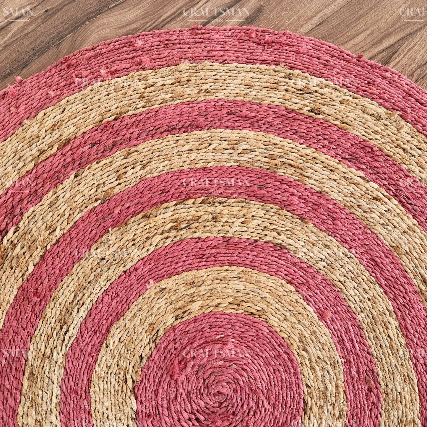Rosabelle Round Jute Hand-Woven Natural Rug – Pink Natural Striped Boho Farmhouse Circle Area Carpet for Living Room Bedroom Nursery Entryway