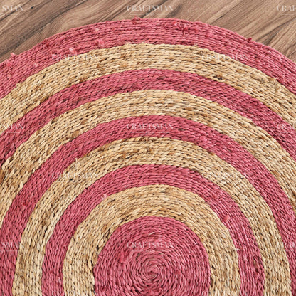 Rosabelle Round Jute Hand-Woven Natural Rug – Pink Natural Striped Boho Farmhouse Circle Area Carpet for Living Room Bedroom Nursery Entryway