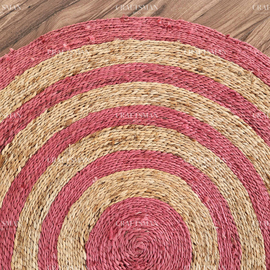 Rosabelle Round Jute Hand-Woven Natural Rug – Pink Natural Striped Boho Farmhouse Circle Area Carpet for Living Room Bedroom Nursery Entryway